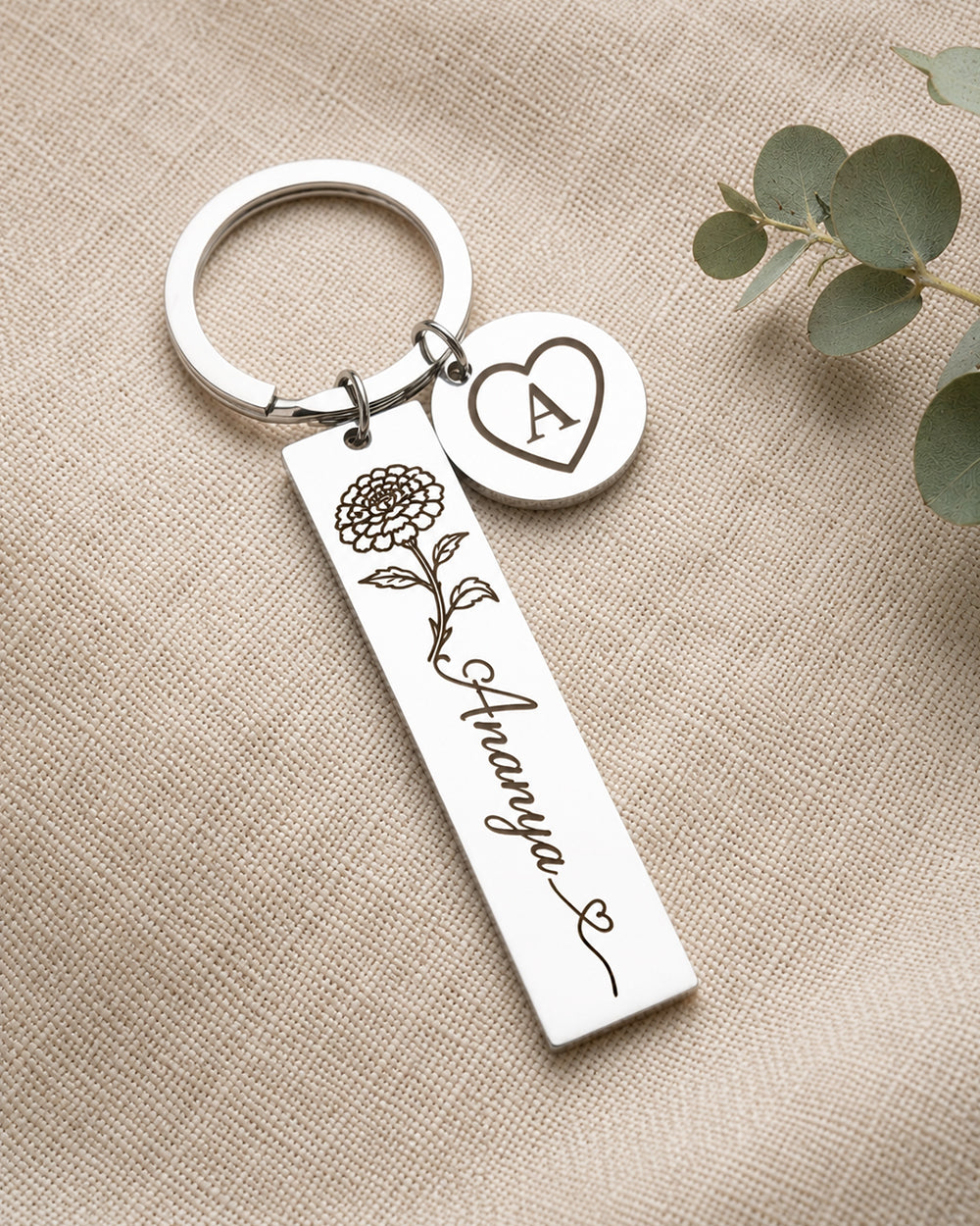 Name Initial Personalized Keychain With Birth Flower