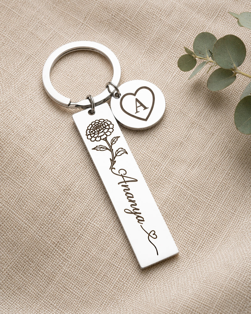 Name Initial Personalized Keychain With Birth Flower