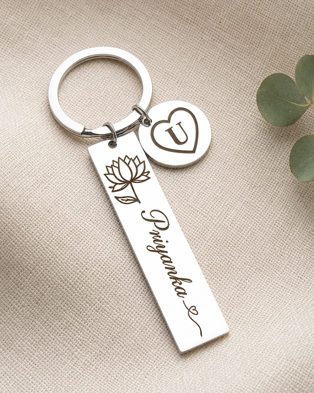 Name Initial Personalized Keychain With Birth Flower