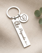 Name Initial Personalized Keychain With Birth Flower