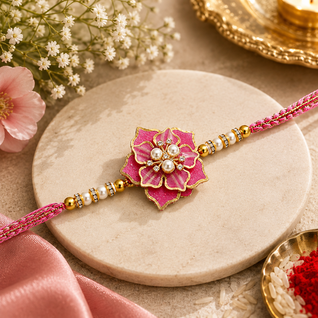 Handcrafted Pink Floral Resin Rakhi for Brother