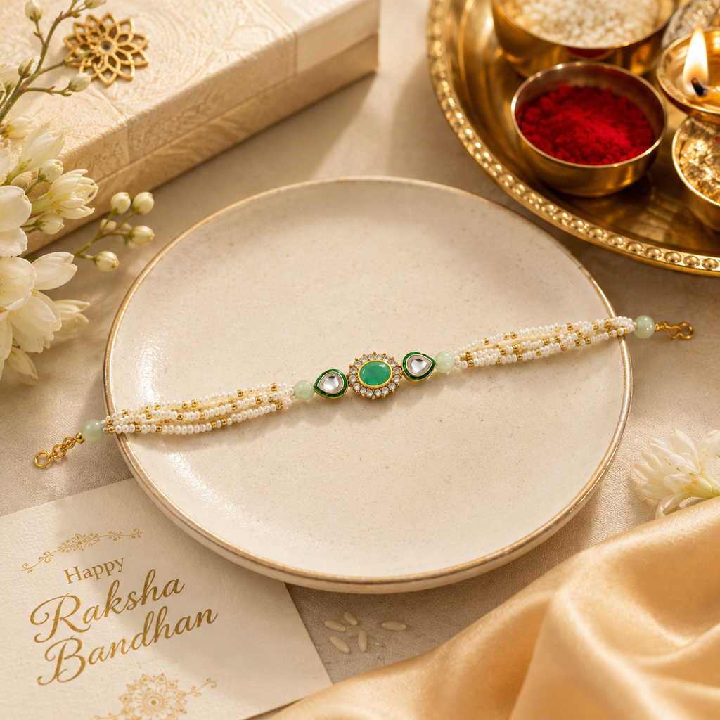 Handcrafted Green Kundan Pearl Rakhi for Brother