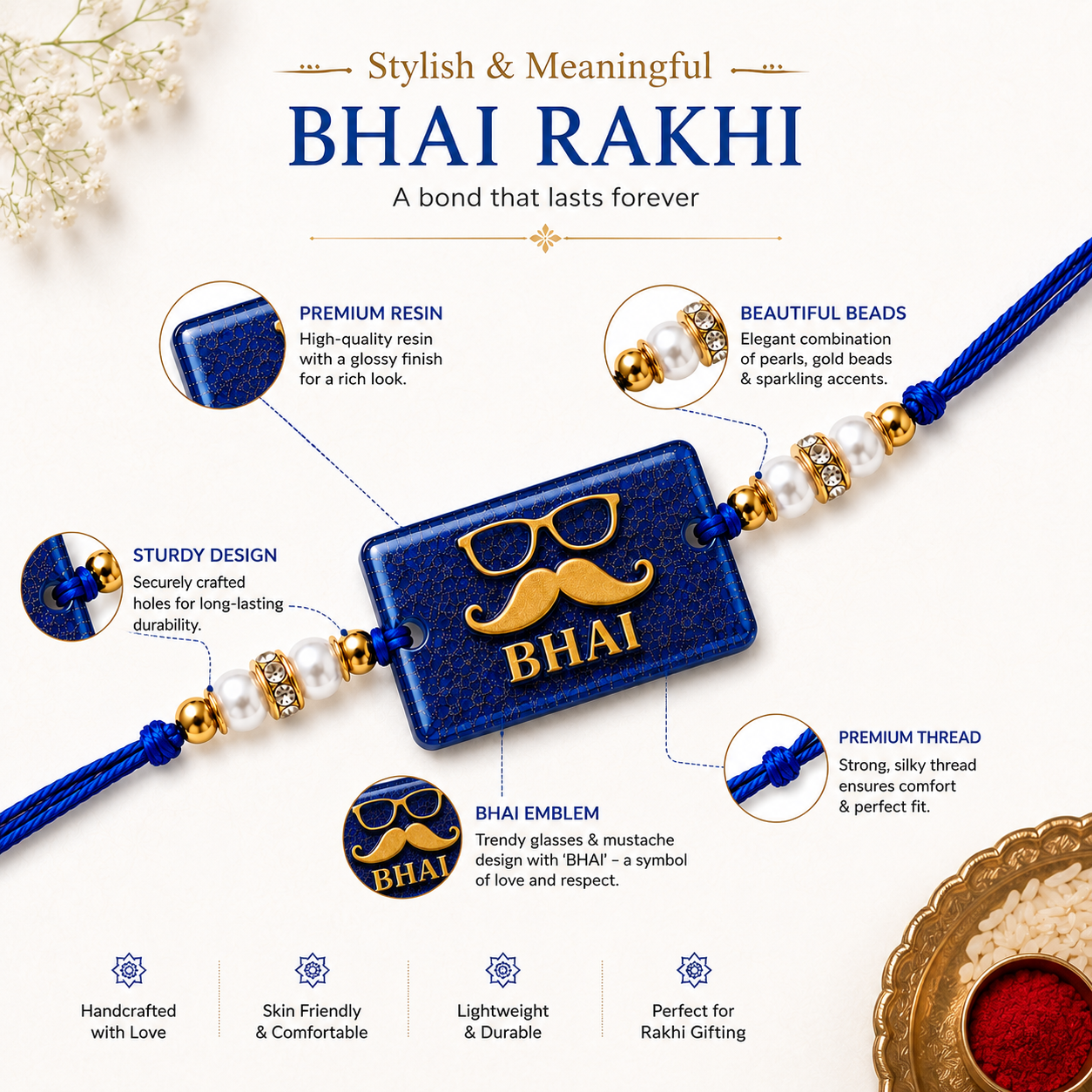 Handcrafted Bhai Blue Resin Rakhi