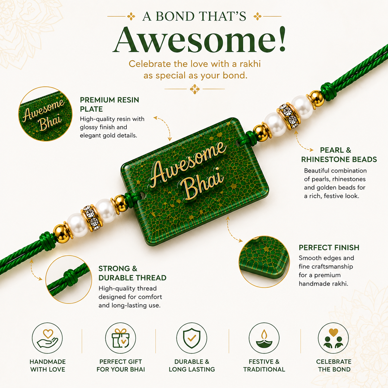Awesome Bhai Green Resin Rakhi