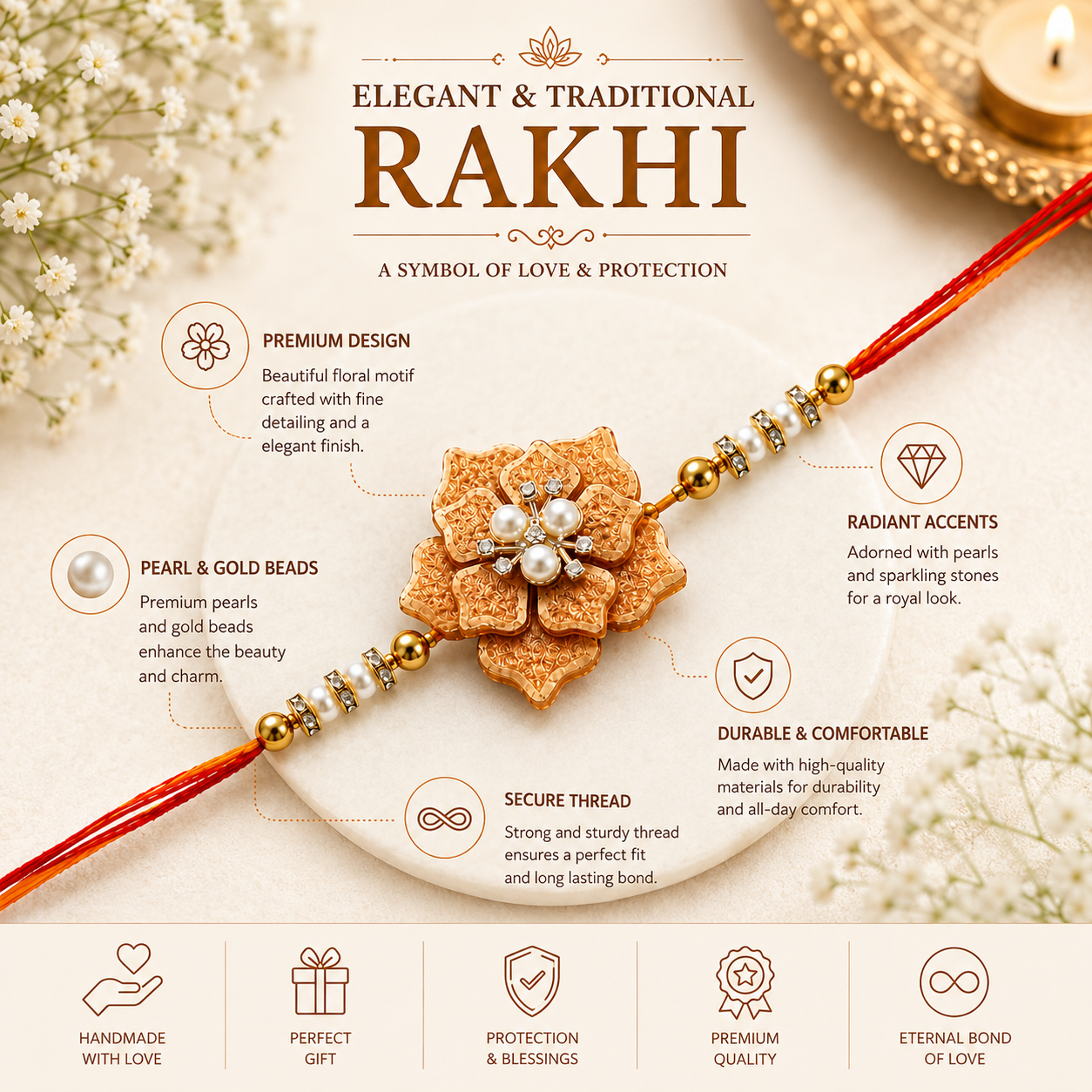 Handcrafted Beige Floral Resin Rakhi for Brother