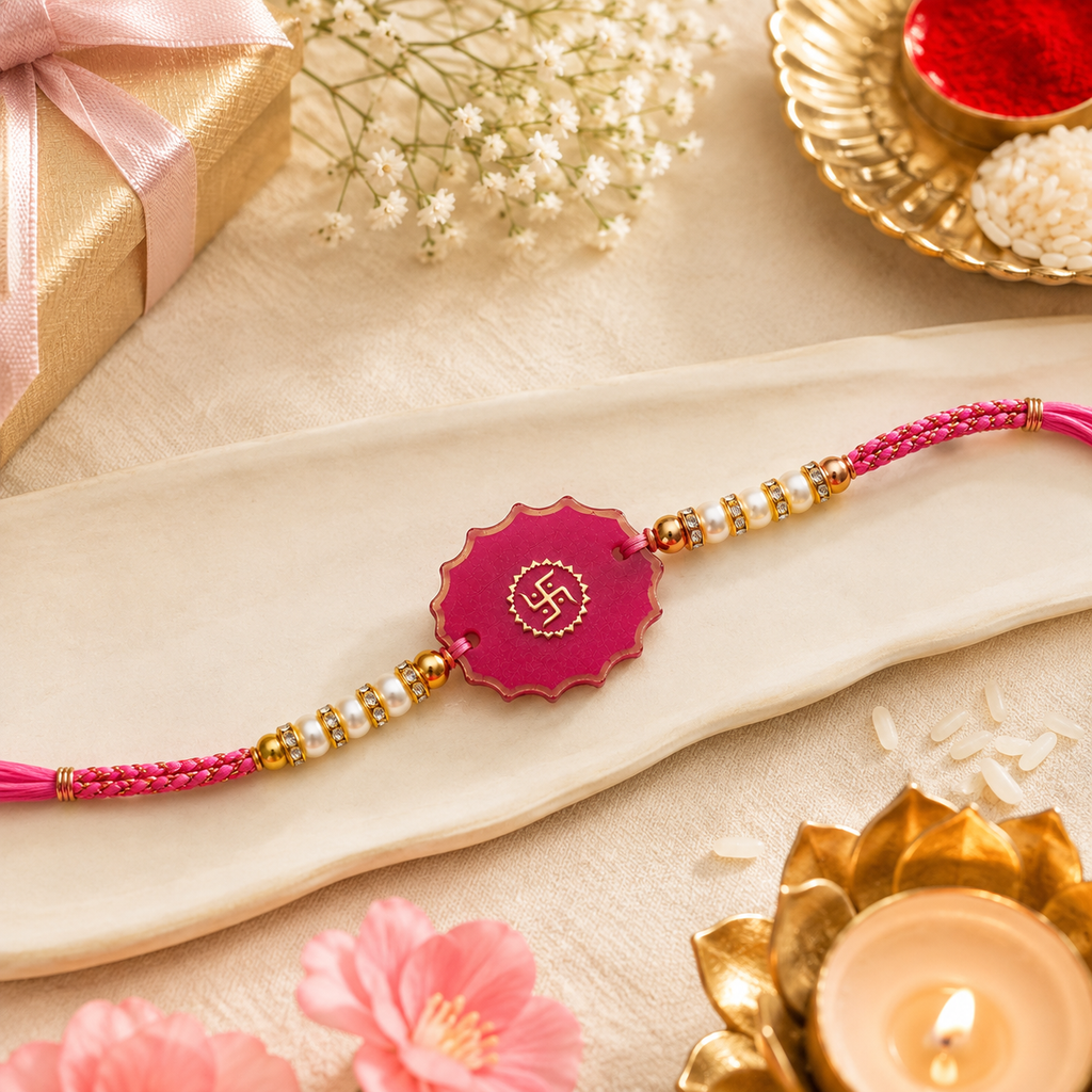 Handcrafted Pink Swastik Resin Rakhi