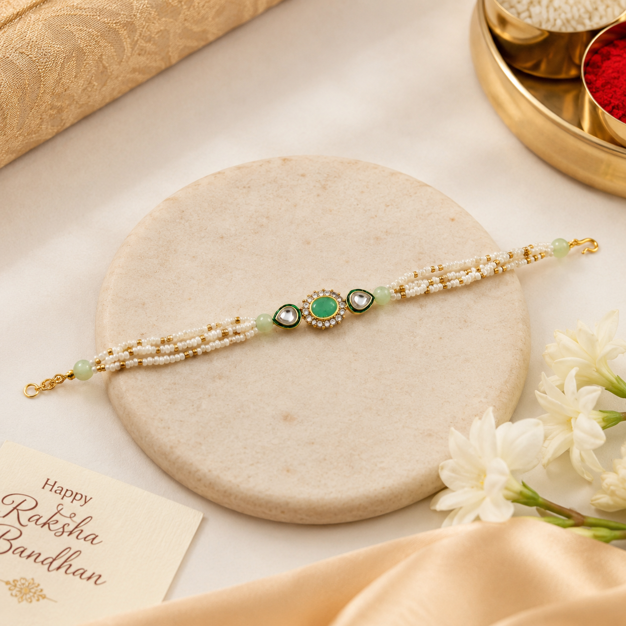 Handcrafted Green Kundan Pearl Rakhi for Brother