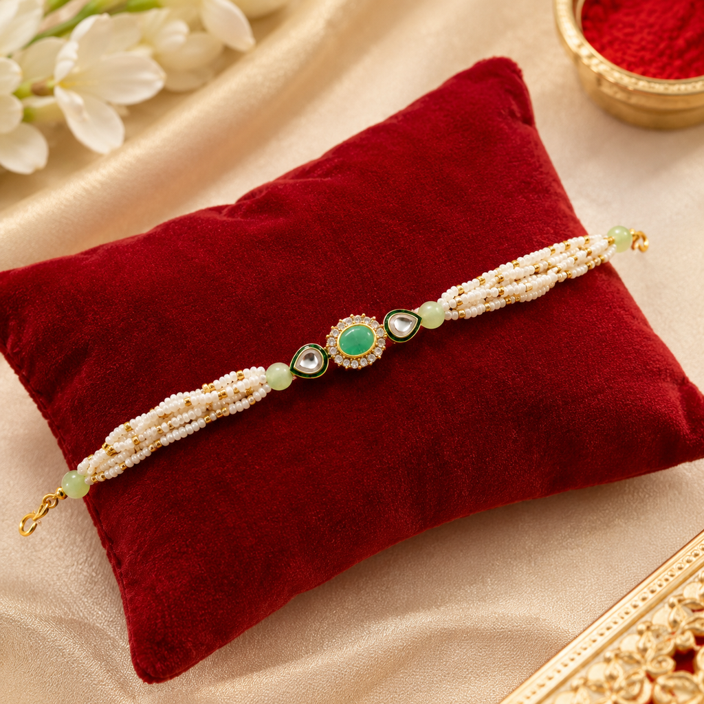 Handcrafted Green Kundan Pearl Rakhi for Brother
