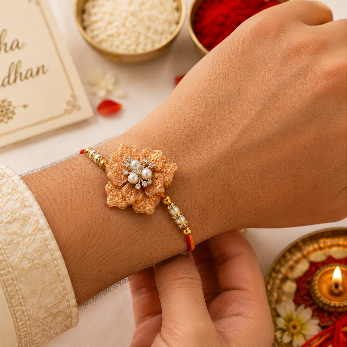 Handcrafted Beige Floral Resin Rakhi for Brother