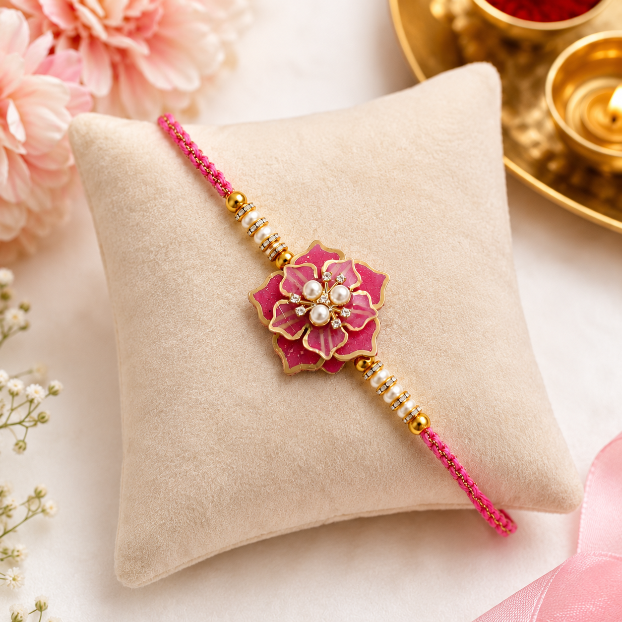 Handcrafted Pink Floral Resin Rakhi for Brother
