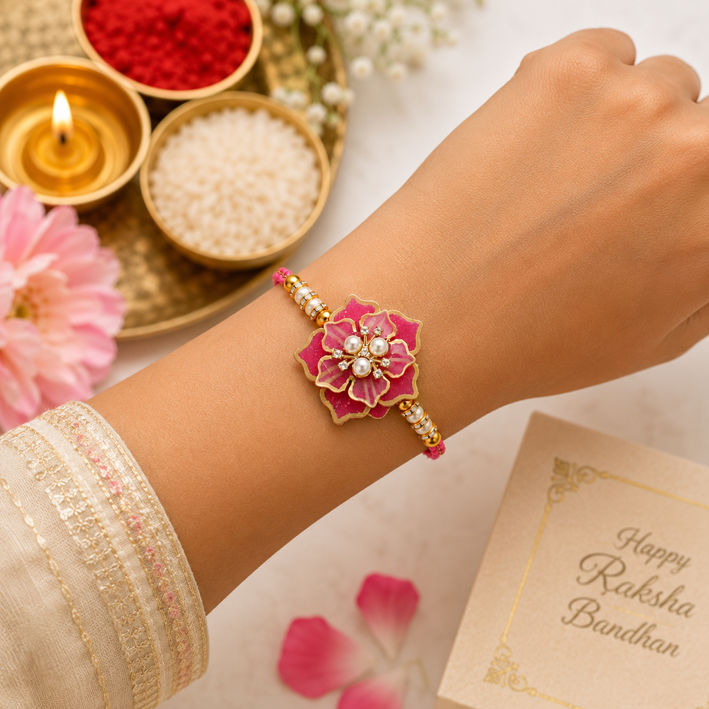 Handcrafted Pink Floral Resin Rakhi for Brother