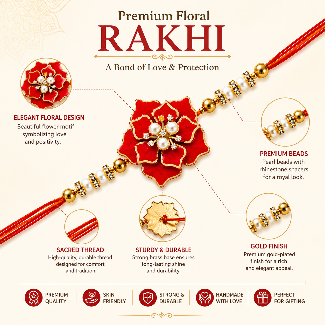 Handcrafted Red Floral Resin Rakhi for Brother