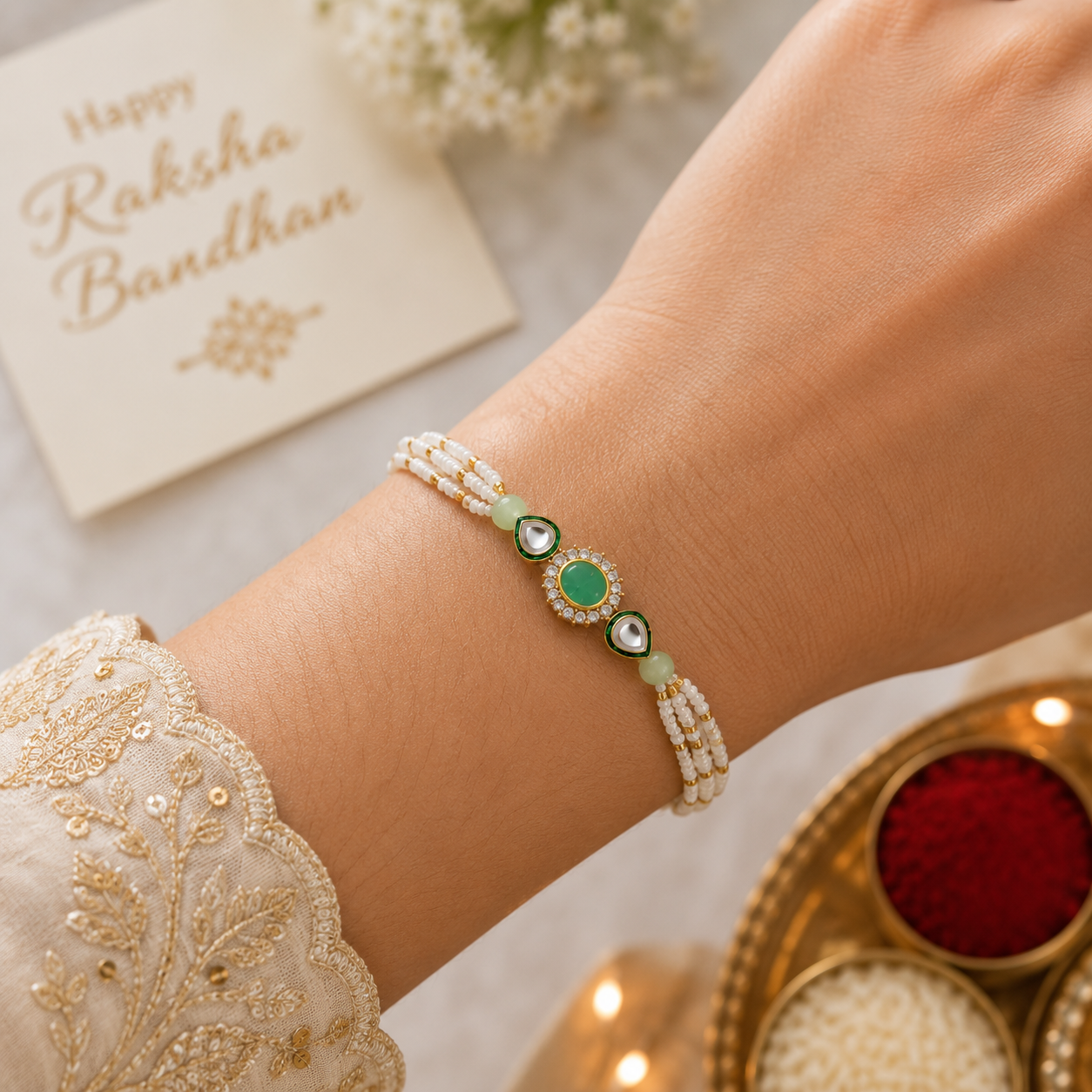 Handcrafted Green Kundan Pearl Rakhi for Brother