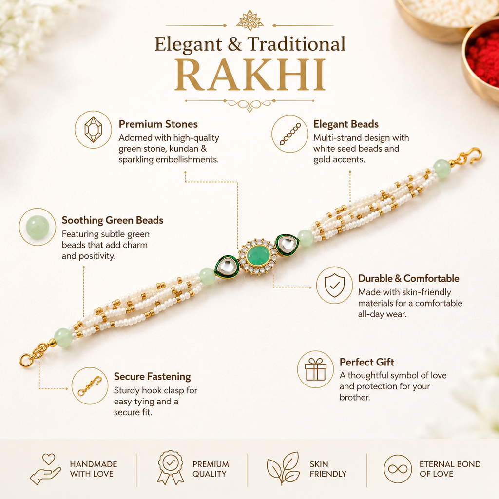 Handcrafted Green Kundan Pearl Rakhi for Brother