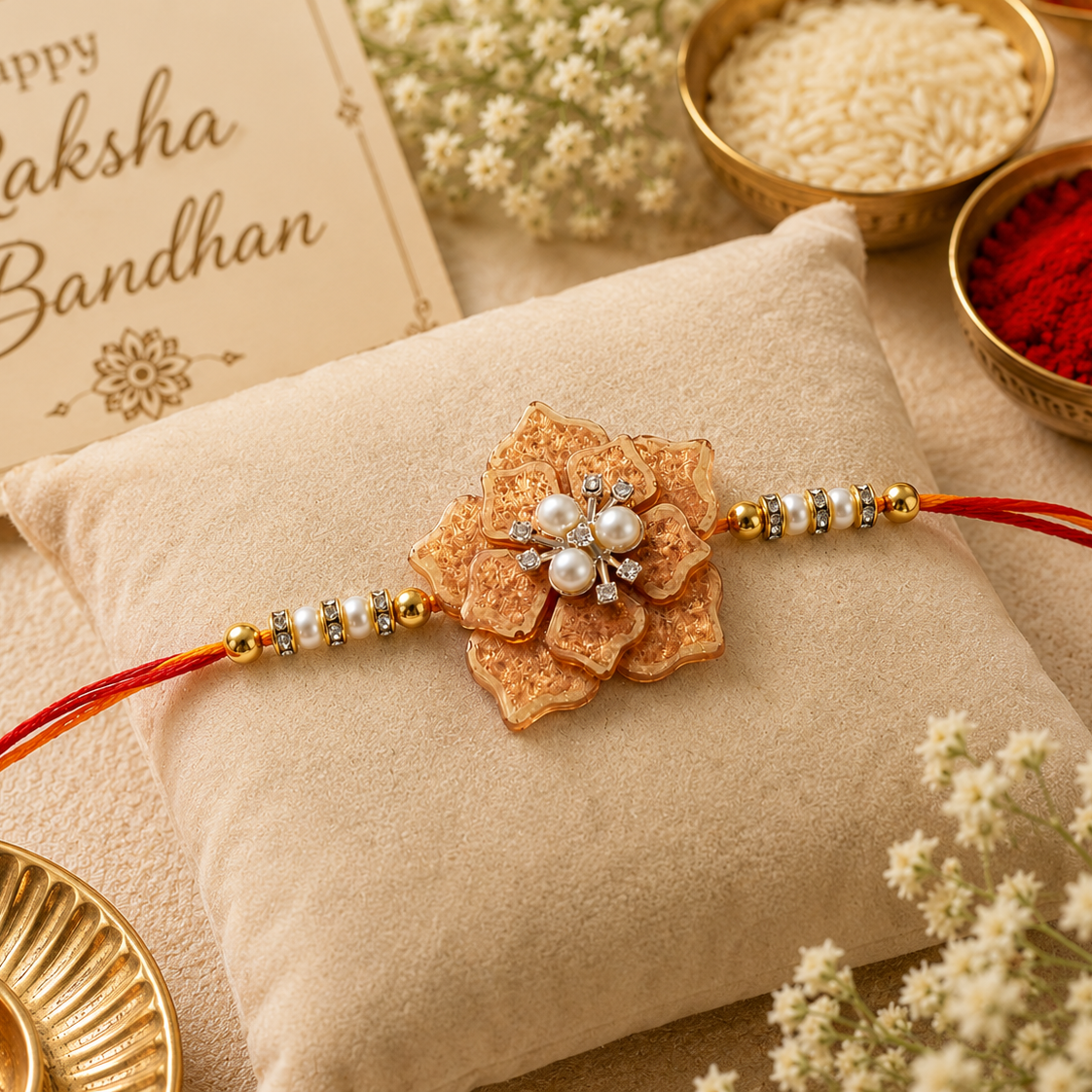 Handcrafted Beige Floral Resin Rakhi for Brother