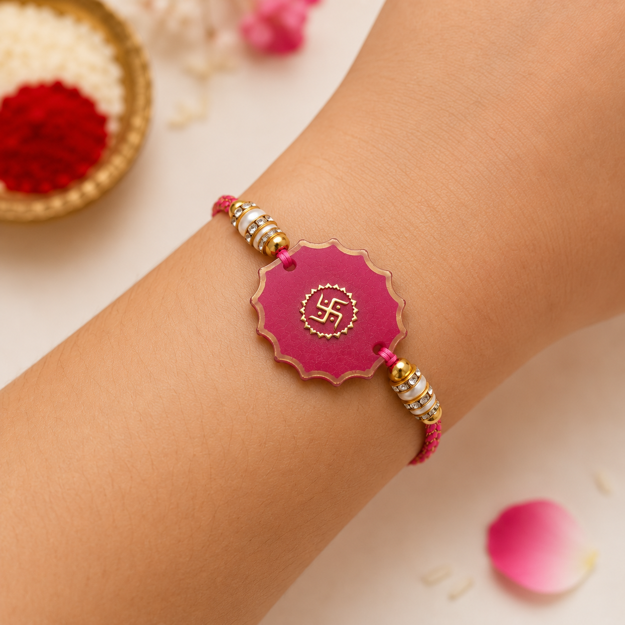 Handcrafted Pink Swastik Resin Rakhi
