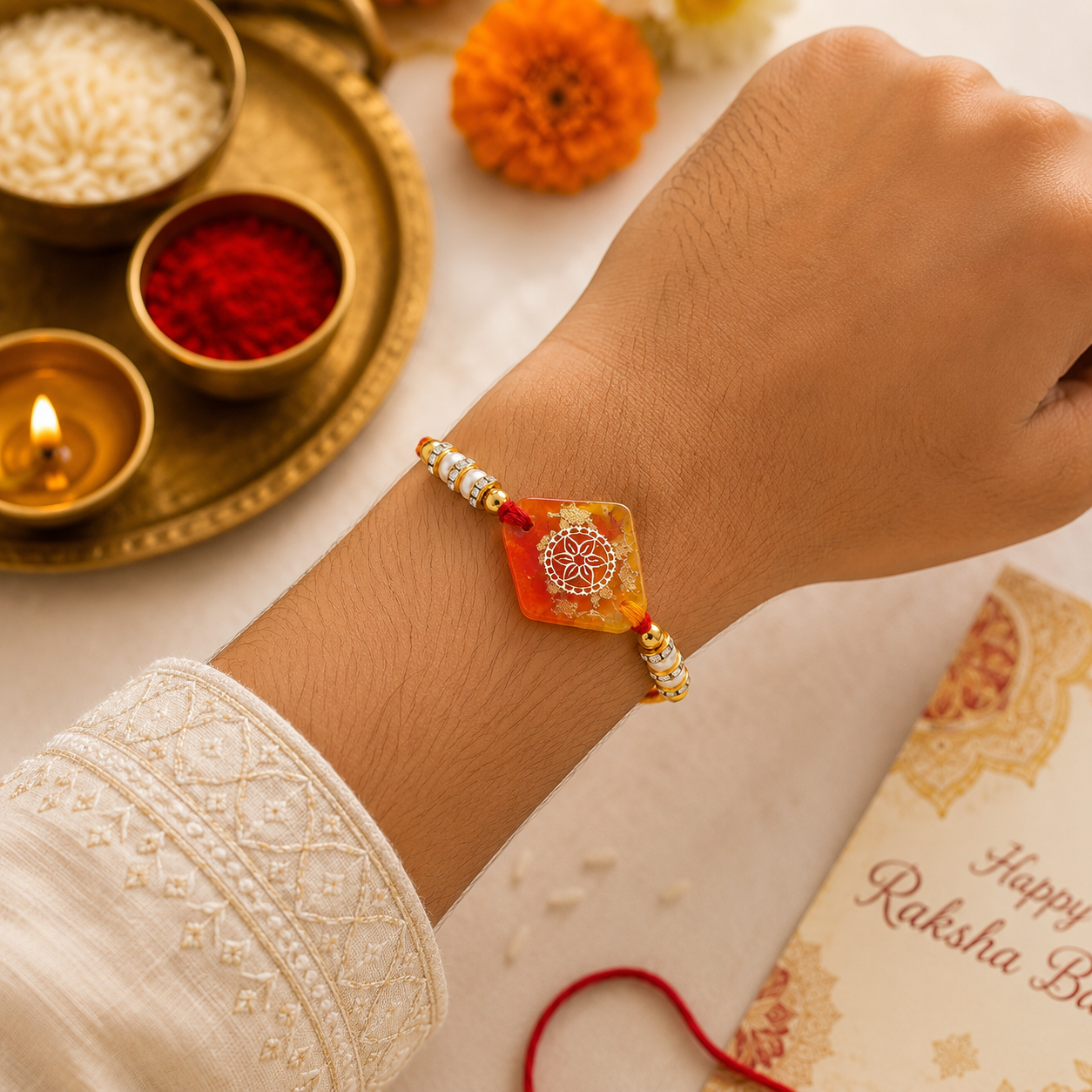 Handcrafted Orange Mandala Resin Rakhi