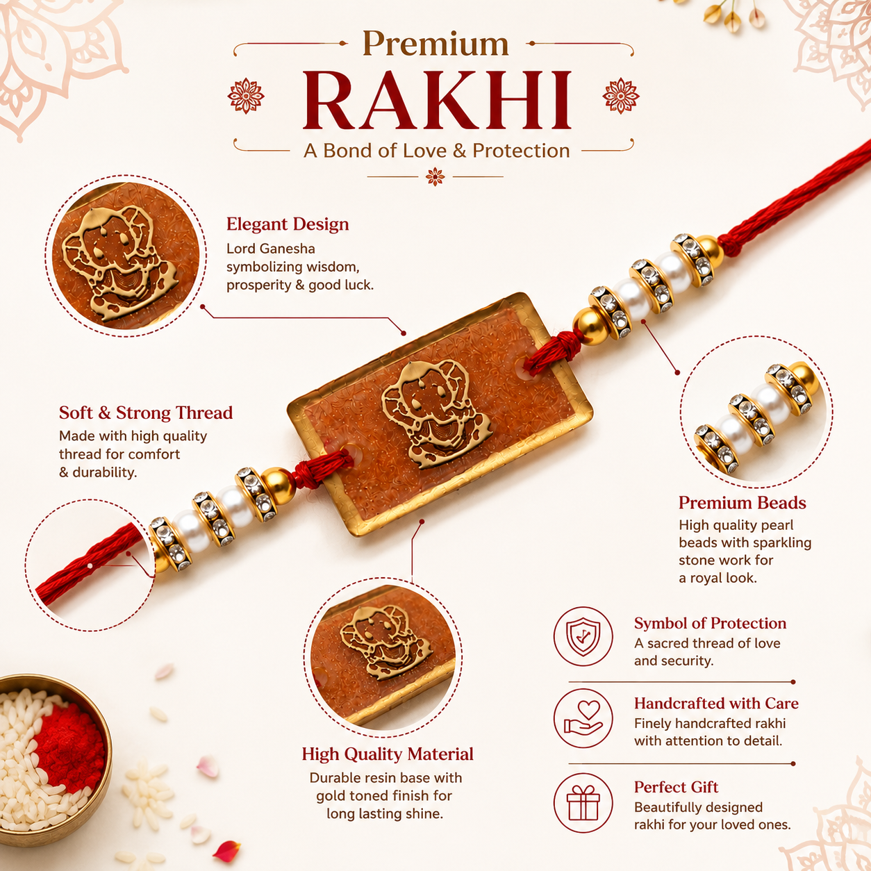 Handcrafted Lord Ganesha Rectangle Resin Rakhi