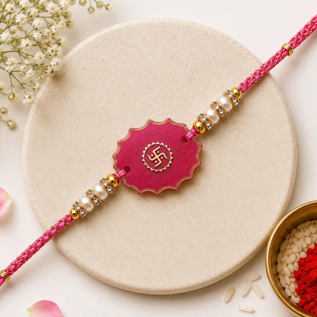 Handcrafted Pink Swastik Resin Rakhi