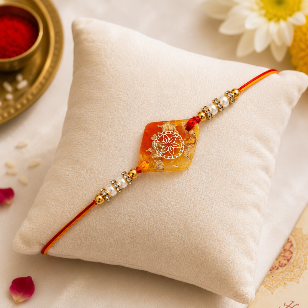 Handcrafted Orange Mandala Resin Rakhi