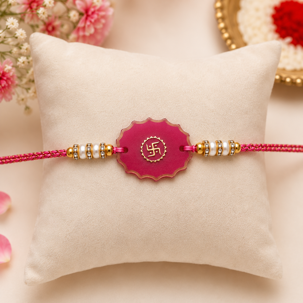 Handcrafted Pink Swastik Resin Rakhi
