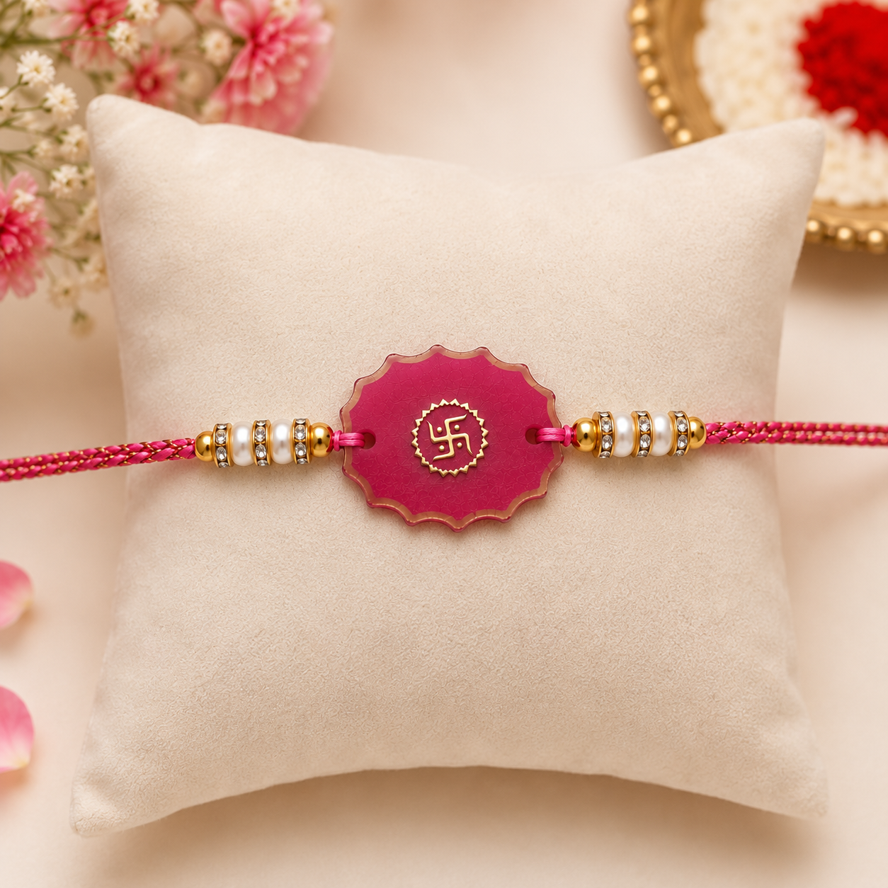 Handcrafted Pink Swastik Resin Rakhi