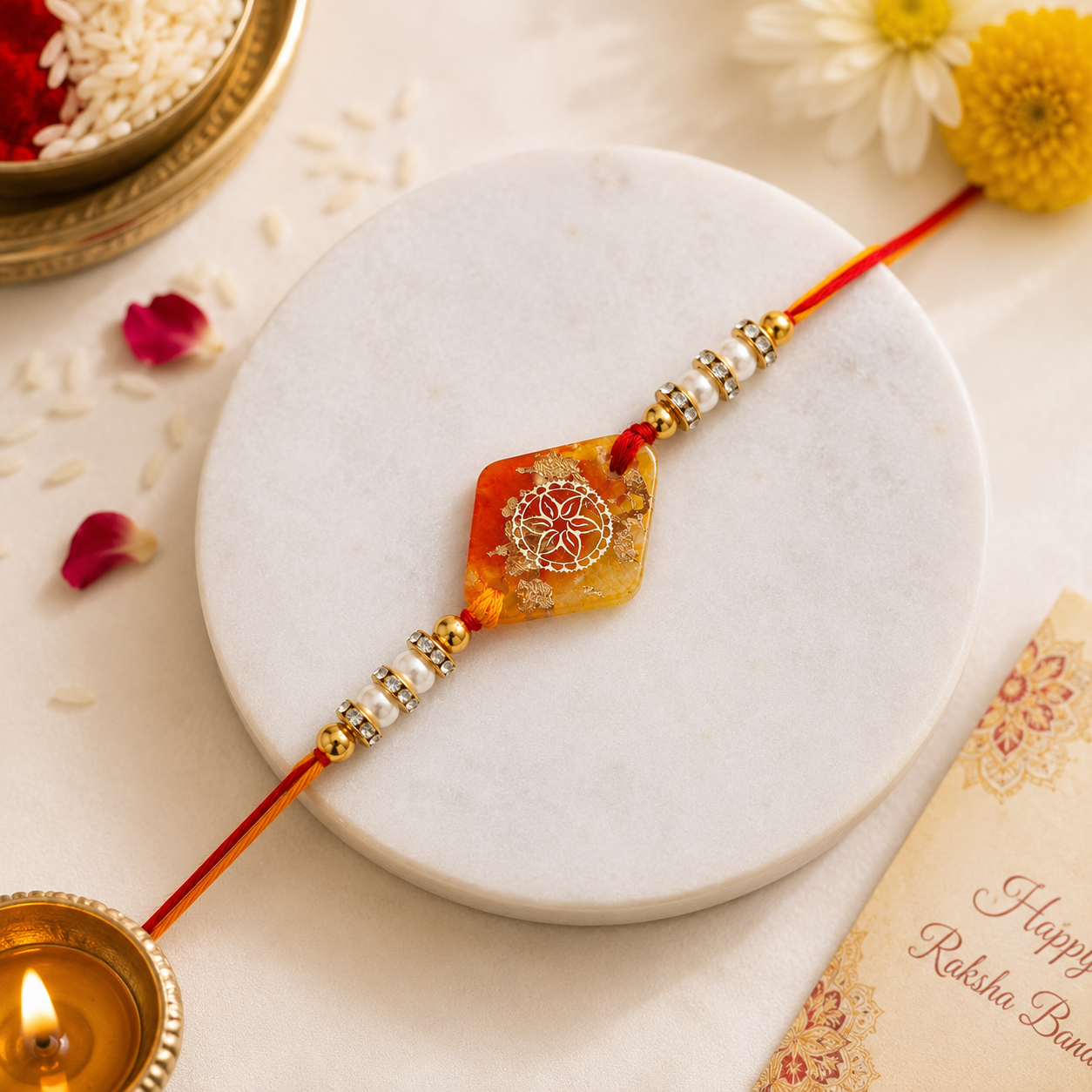 Handcrafted Orange Mandala Resin Rakhi